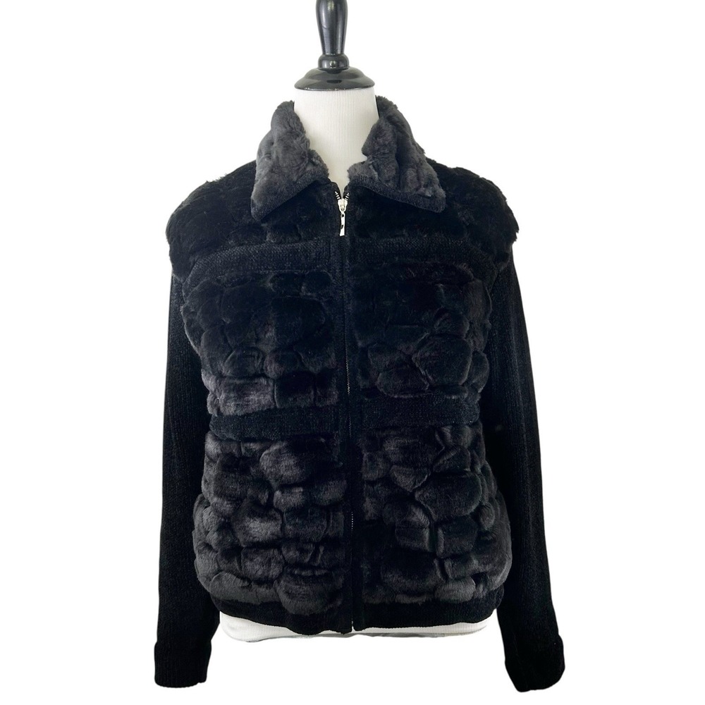 LISA INTERNATIONAL Vintage Faux Fur SWEATER JACKET Black L Chenille Statement